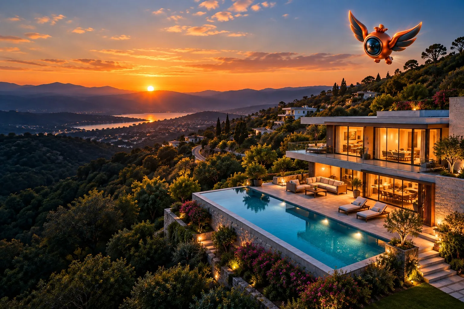 Fotografía aérea de una residencia y su entorno