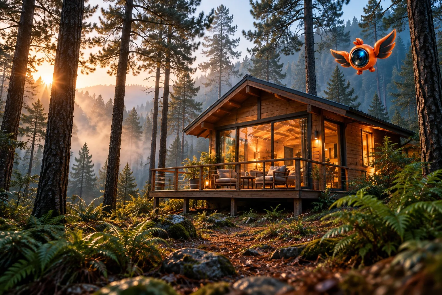 Cabaña en el bosque fotografiada para renta vacacional