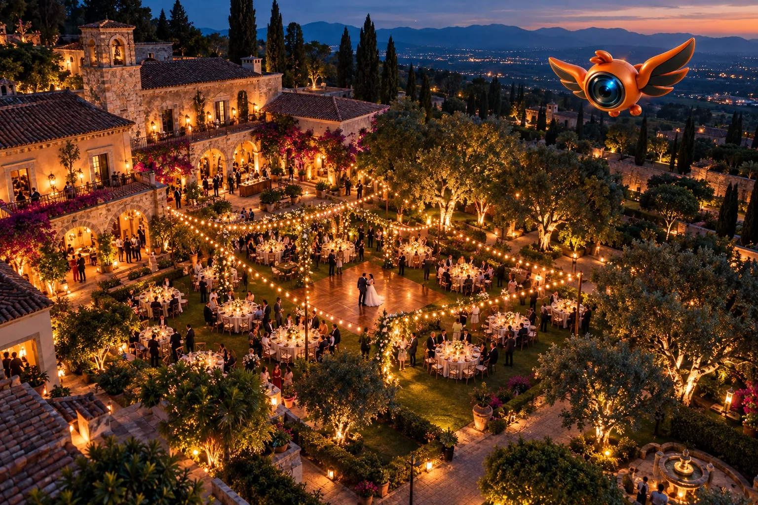 Toma aérea de una boda en un jardín